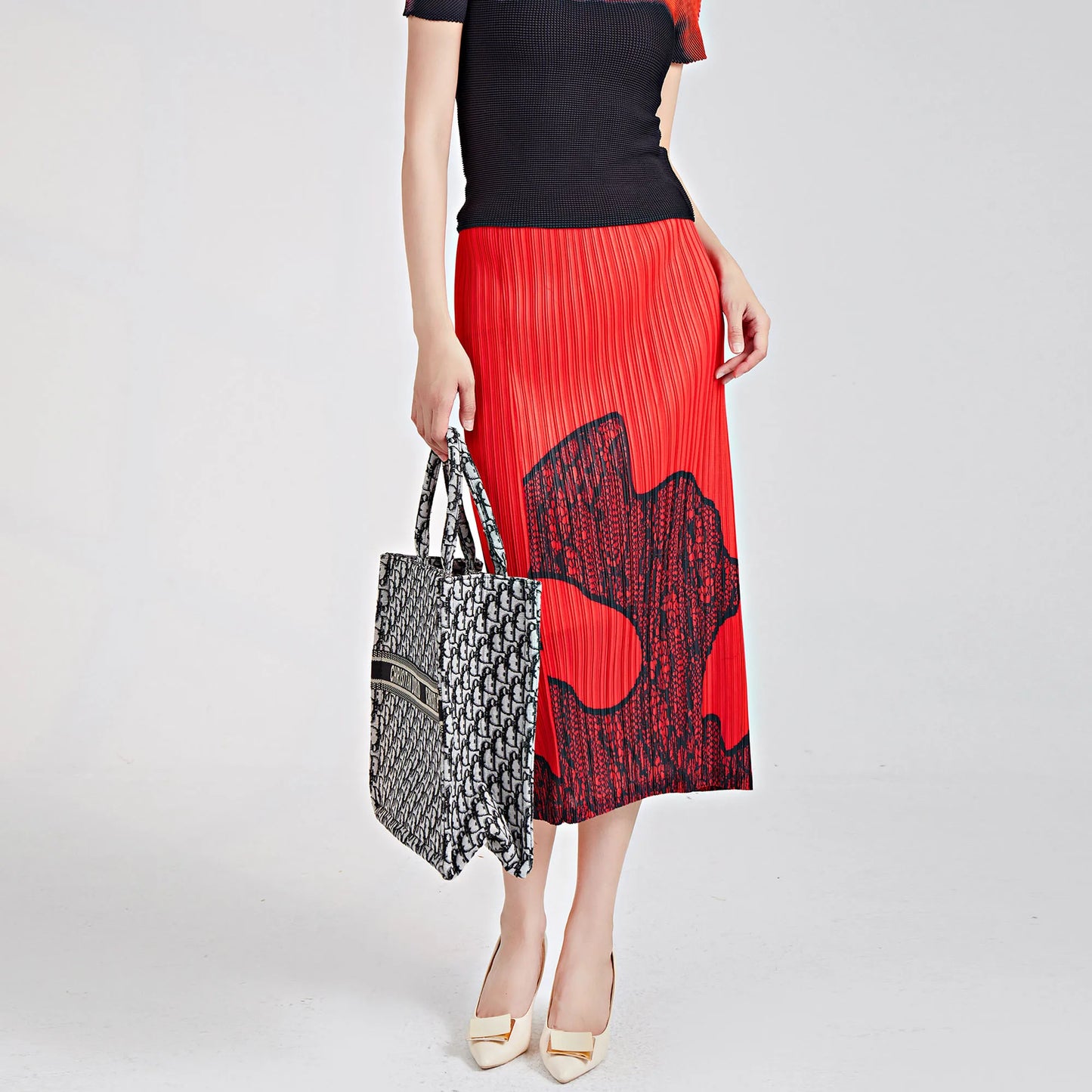 Pleated Pencil Midi Skirt - High Waist Print