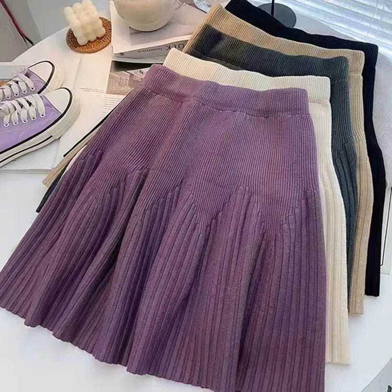 Women's Minimalist Knitting Skirt Sweet Elegant Daily Retro Folded Korean Style Autumn Mini Skirt All-match Pure Design