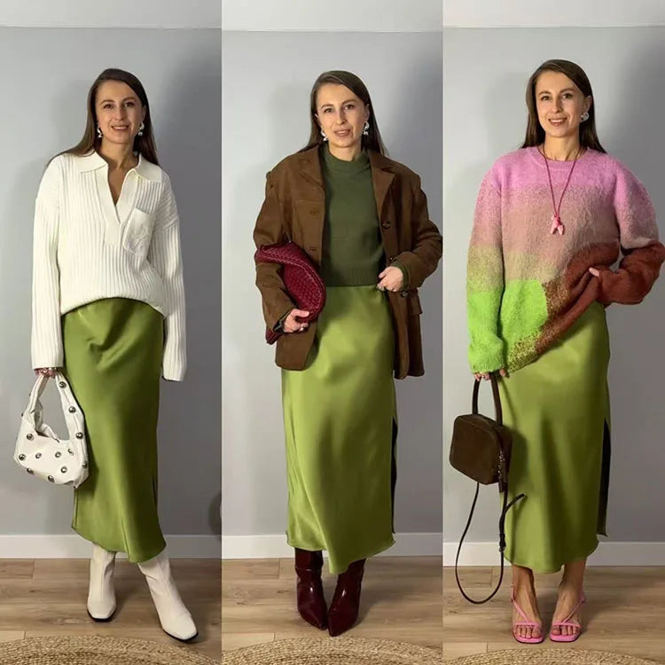 Satin Midi Skirt - A-Line Side Slit