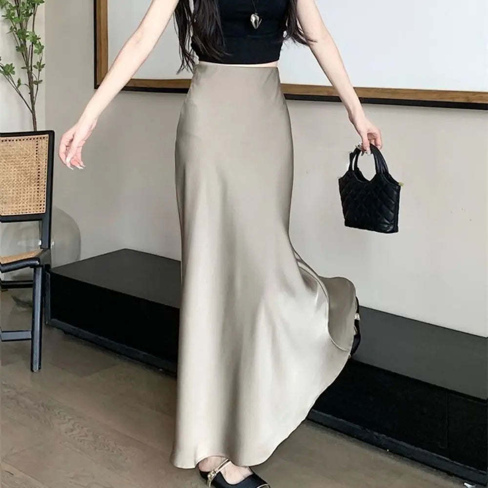 Satin Long Skirt - High Waist Draped Black