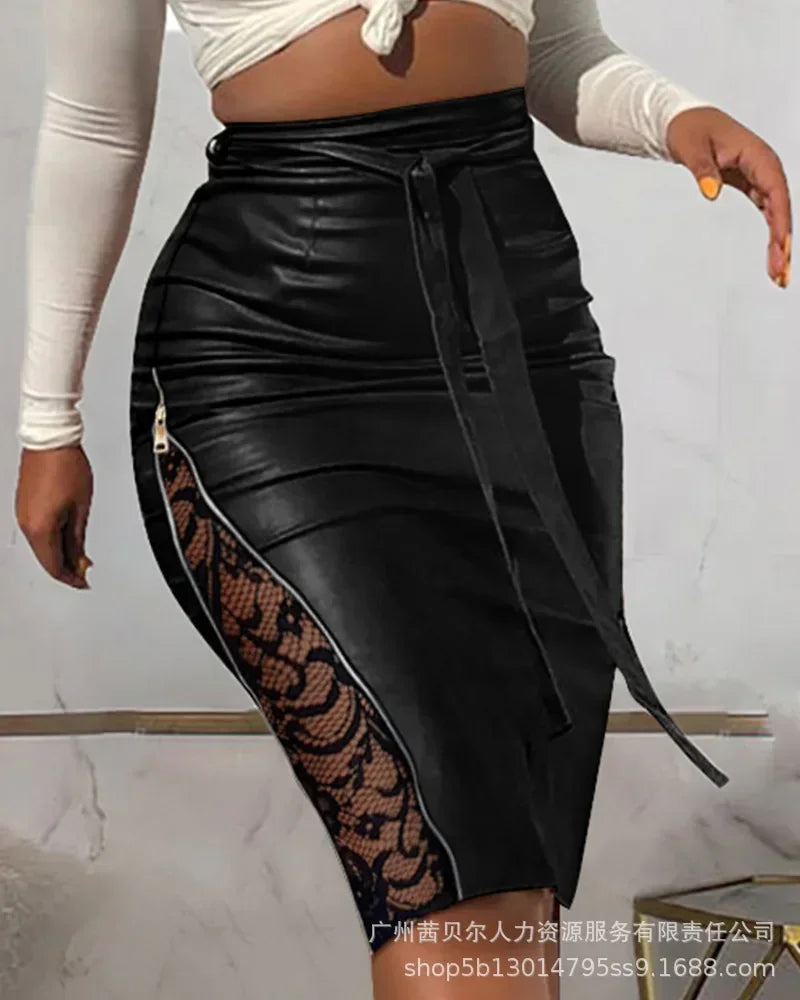 Falda Midi Cuero con Encaje Mujer Slim