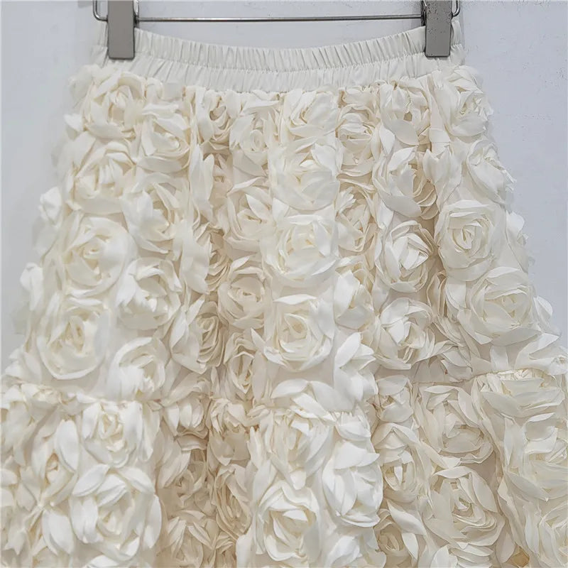 Falda Midi Flores 3D Mujer Cintura Alta Gran Vuelo
