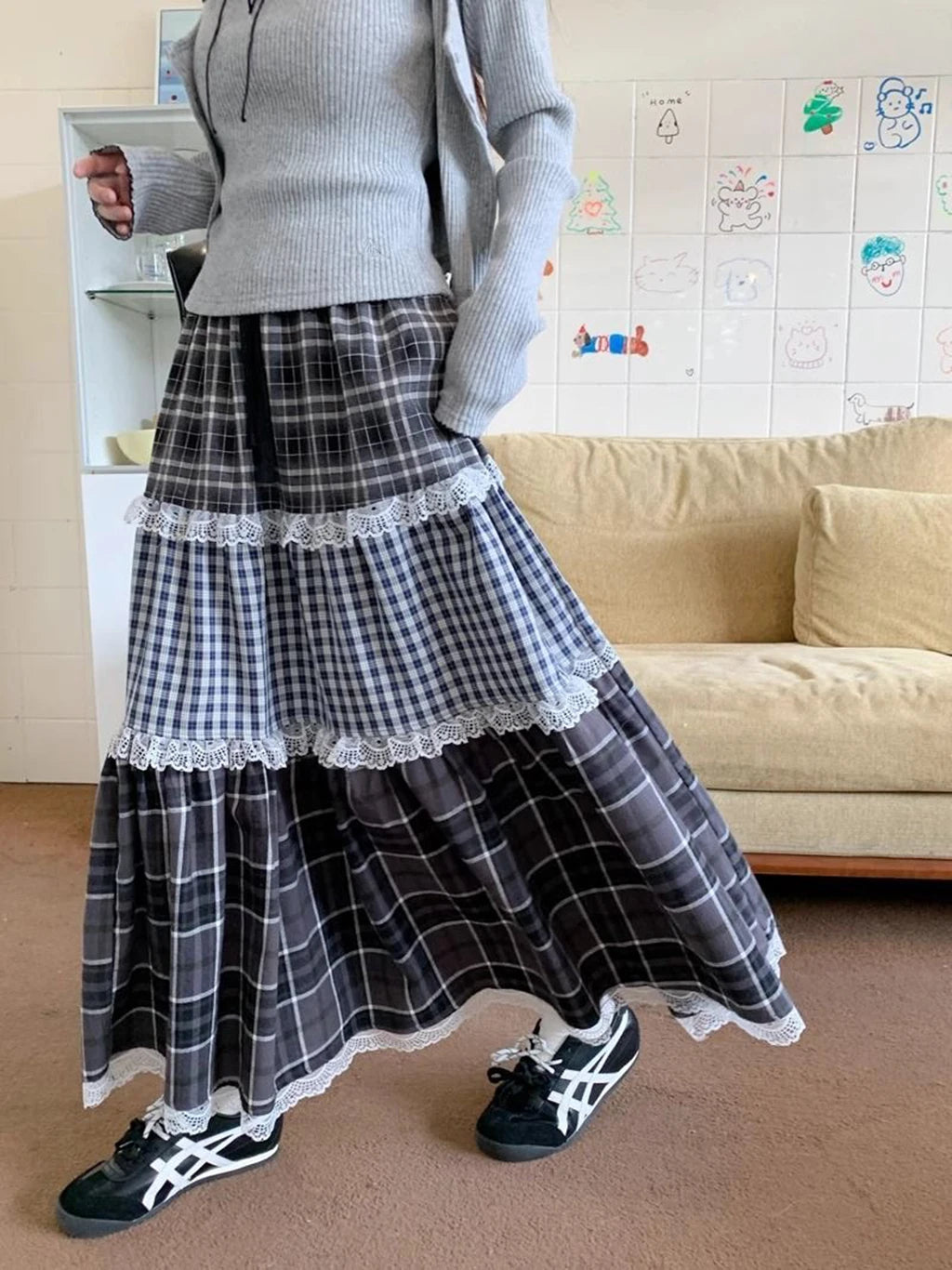 Patchwork Lace Long Skirt - High Waist Plaid Vintage