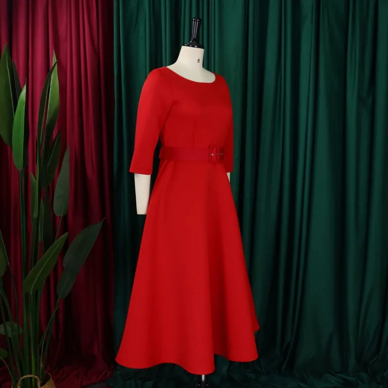 Party Dress - A-Line Belt Three Quarter Sleeve