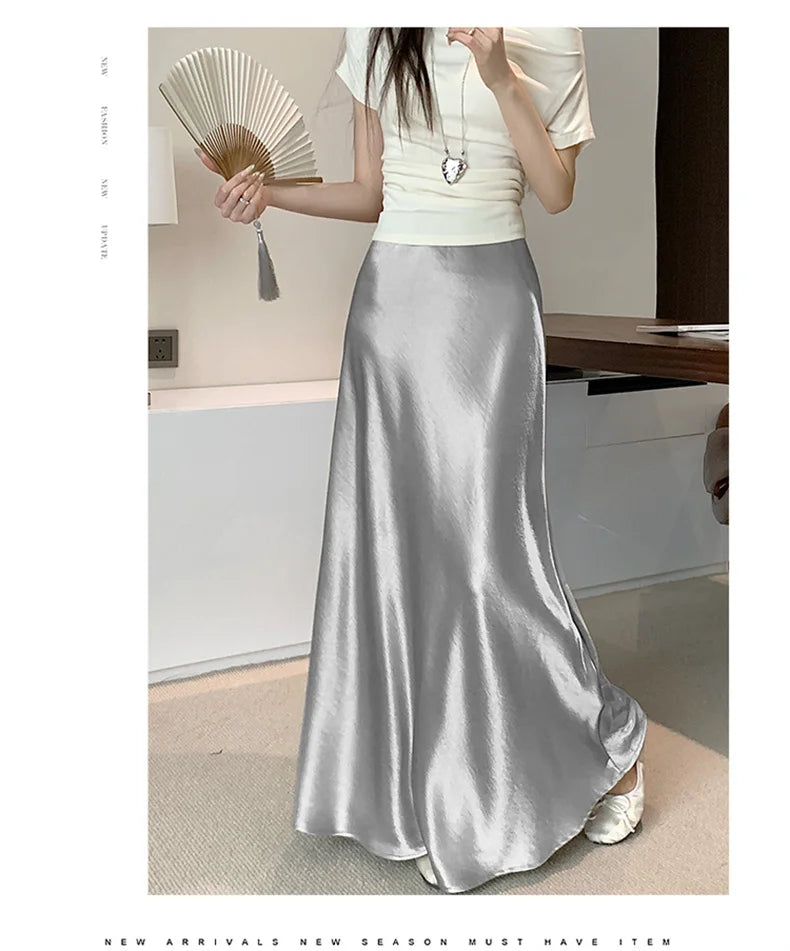 Pink Satin Midi Skirt - High Waist Fishtail Wrap