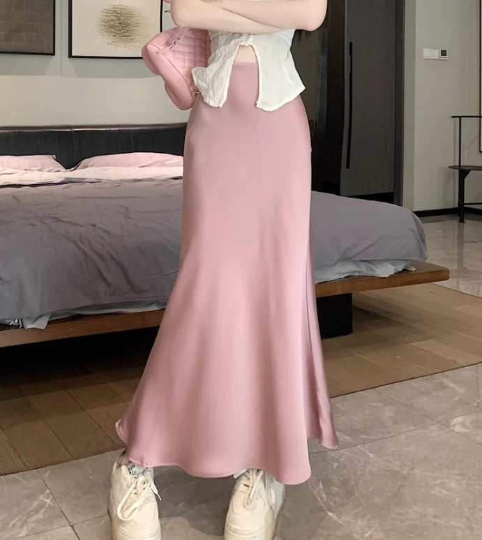 Satin Midi Skirt - High Waist Silk Champagne