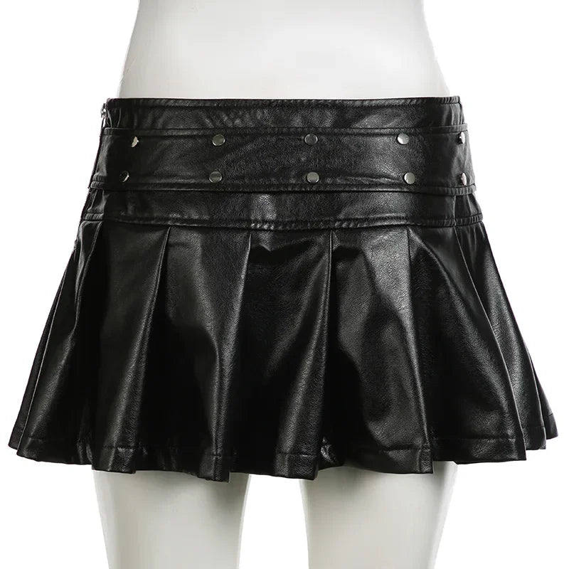 2025 New Vintage Dark Punk Rivet Faux Pu Leather Pleated Skirts Y2K Grunge Streetwear Women Gothic Dropped A-Line Mini Skirt Zip