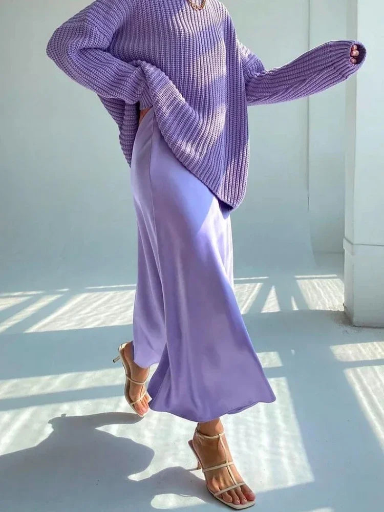 Satin Long Skirt - High Waist A-Line Black