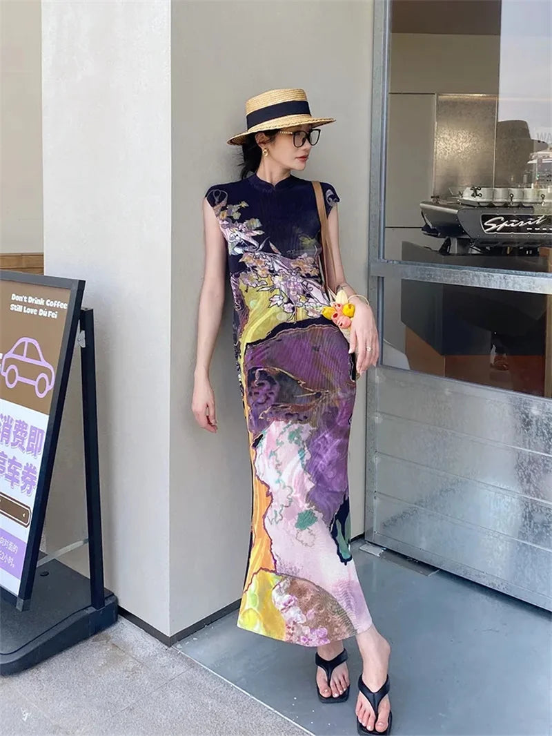 Vestido Plisado Estilo Chino Cheongsam Cola de Pez Verano