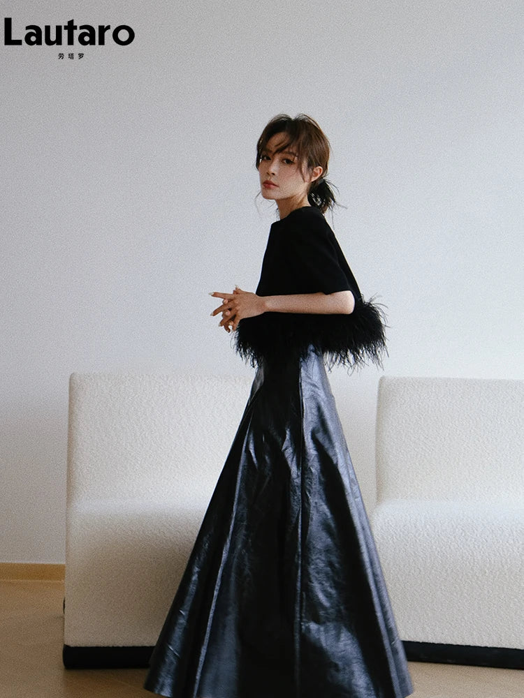 PU Leather Maxi Skirt - High Waist Pleated Black