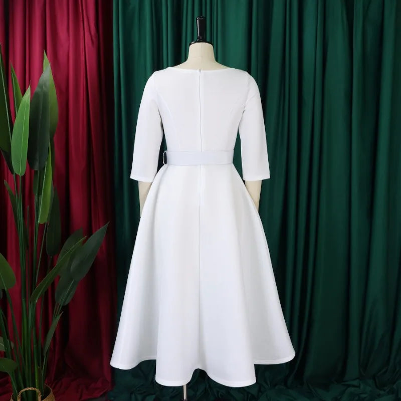 Party Dress - A-Line Belt Three Quarter Sleeve