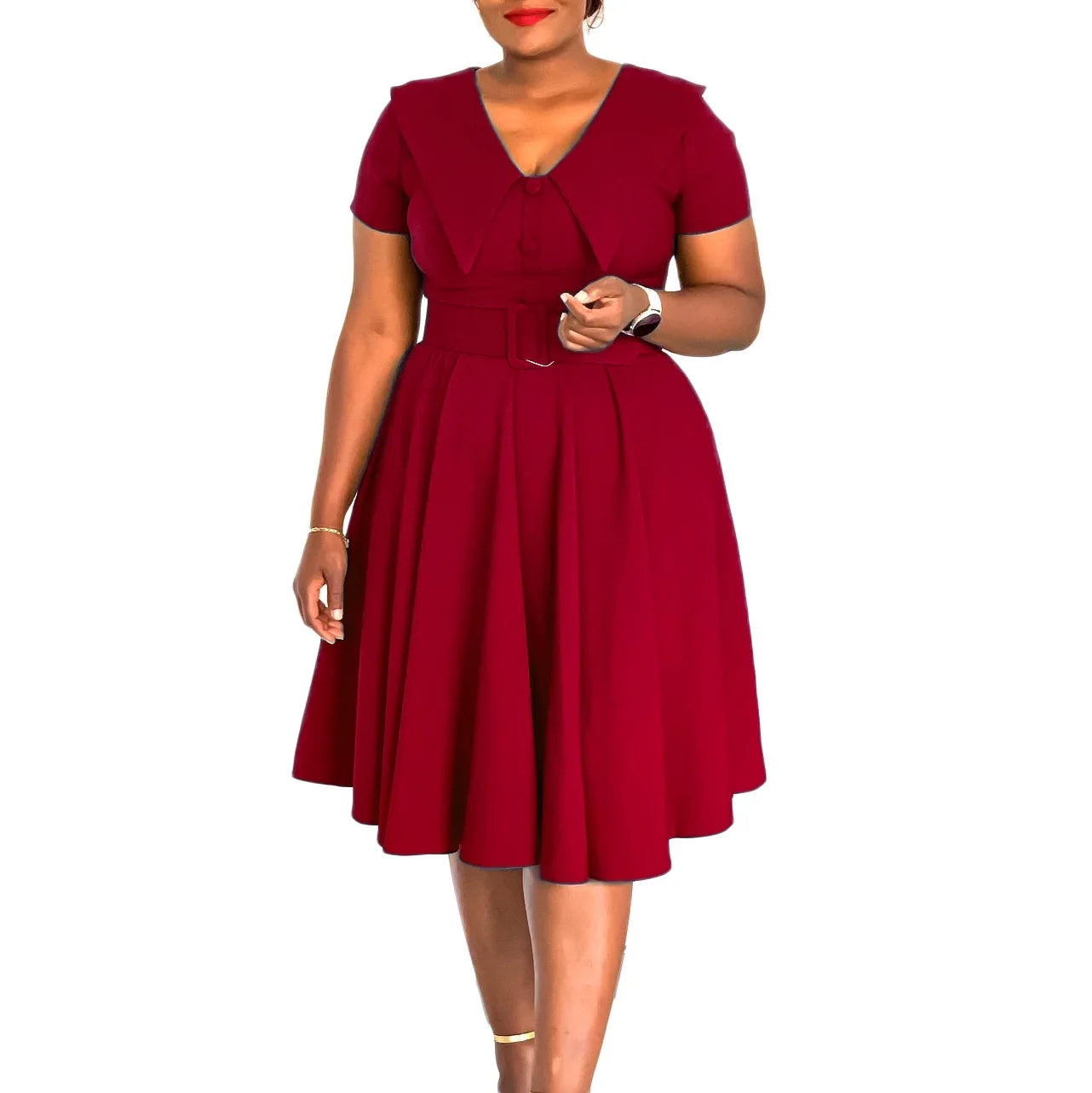 Office Dress - Turn Down Collar Pleated Midi