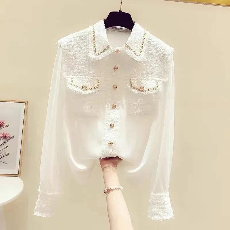 Blusa Tejido Texturado Tweed Patchwork Cuello Vuelto Manga Larga