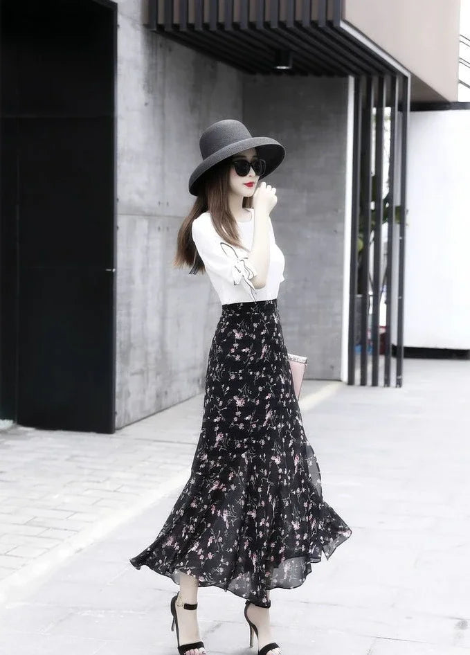 Velvet Midi Skirt - Belted Pleated Long