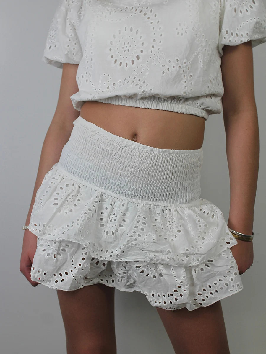 Shirred Mini Skirt - Layered Ruffle High Waist