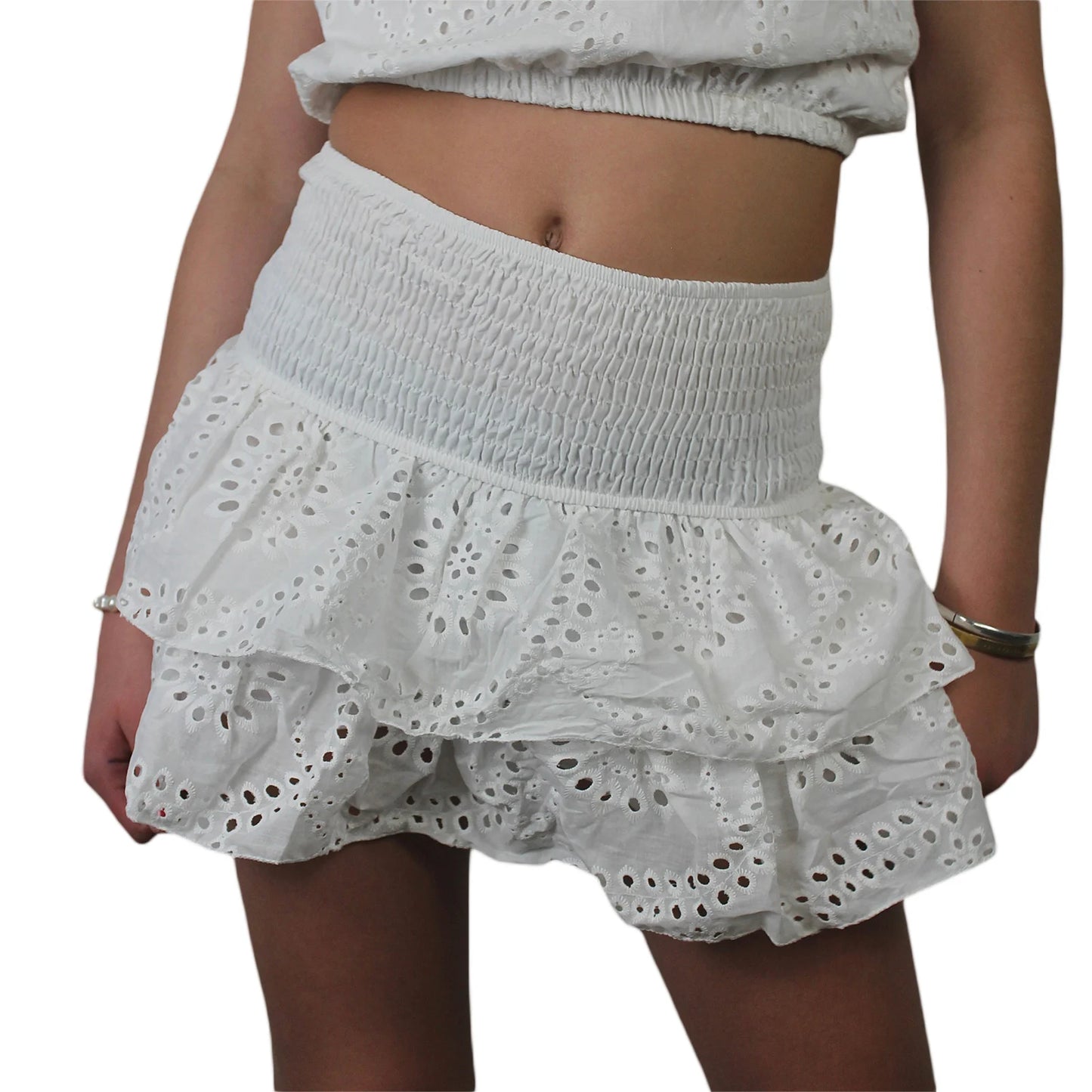 Shirred Mini Skirt - Layered Ruffle High Waist