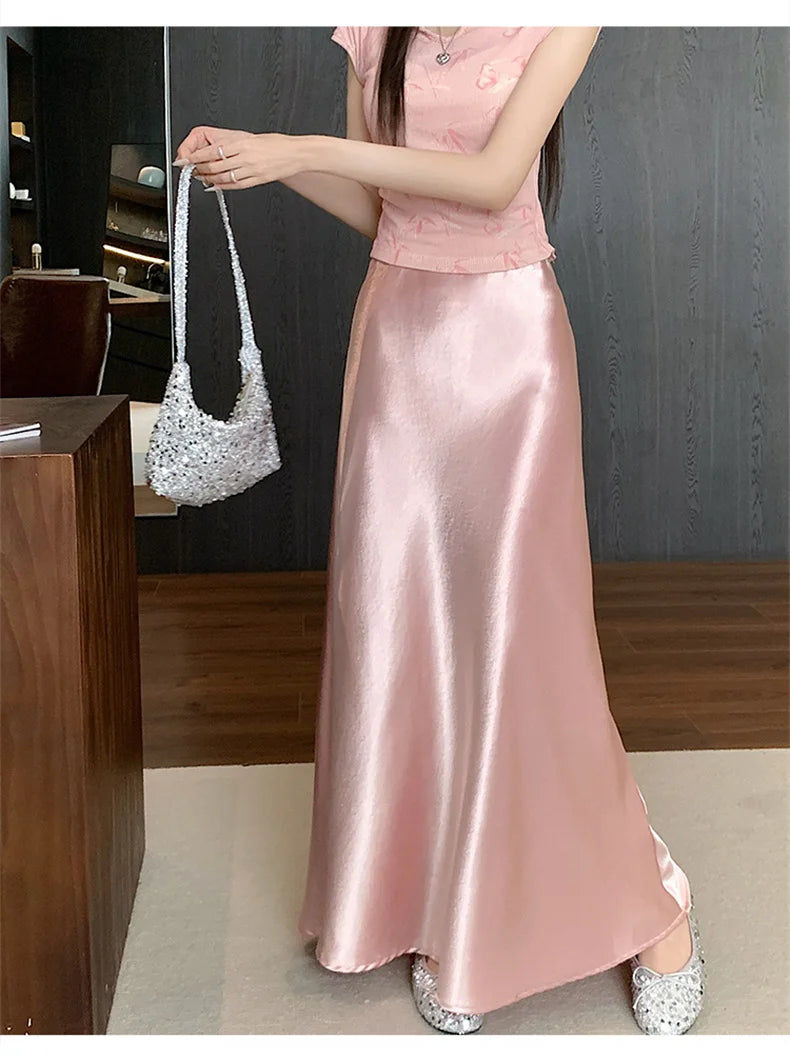 Pink Satin Midi Skirt - High Waist Fishtail Wrap