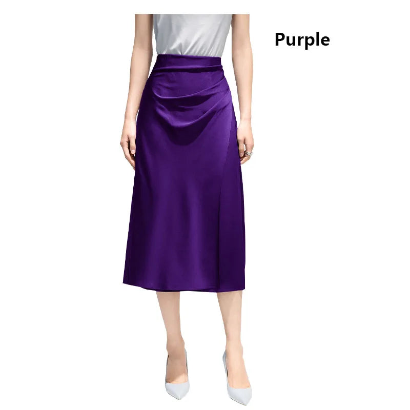 Satin Pleated Midi Skirt - French Simple