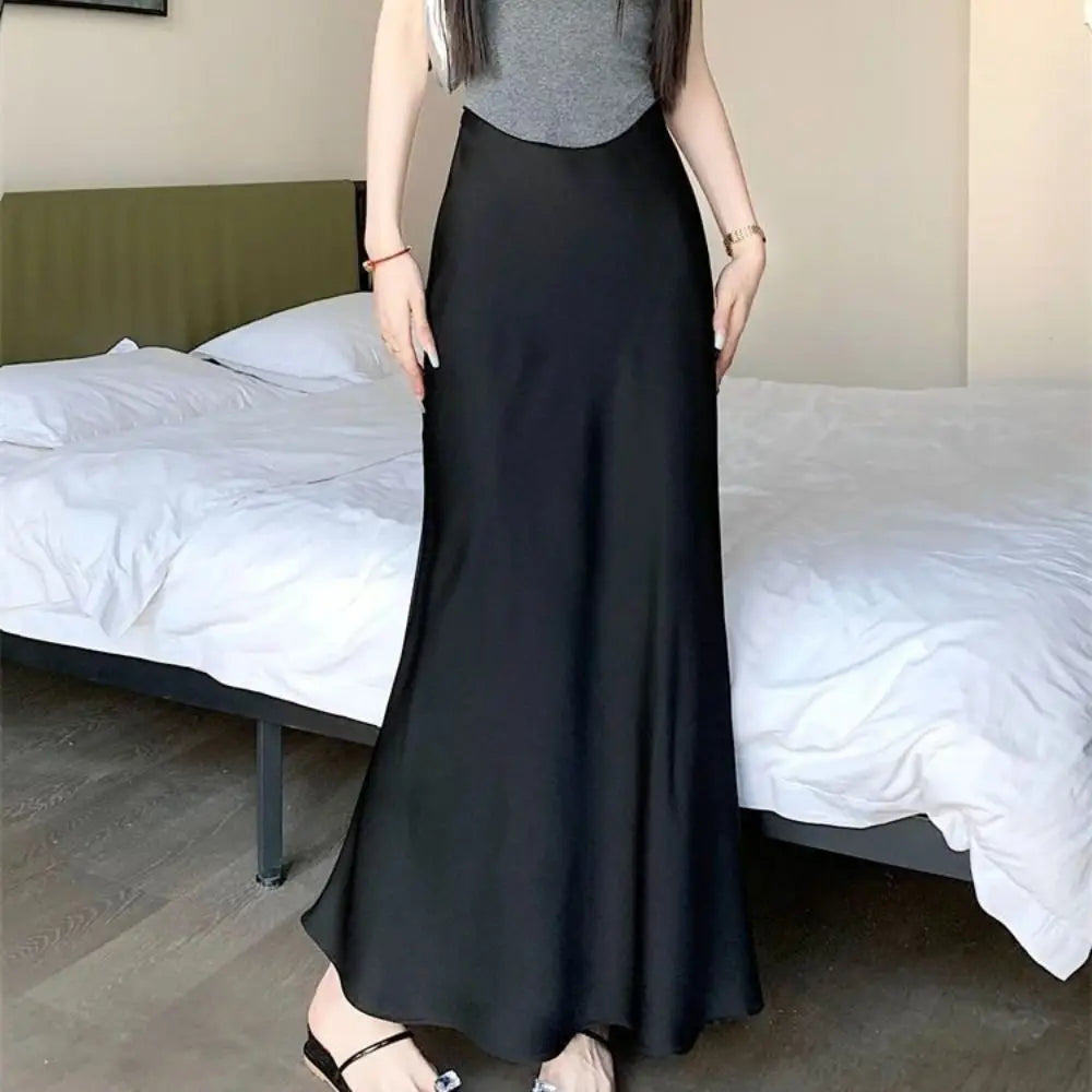 Satin Long Skirt - High Waist Draped Black