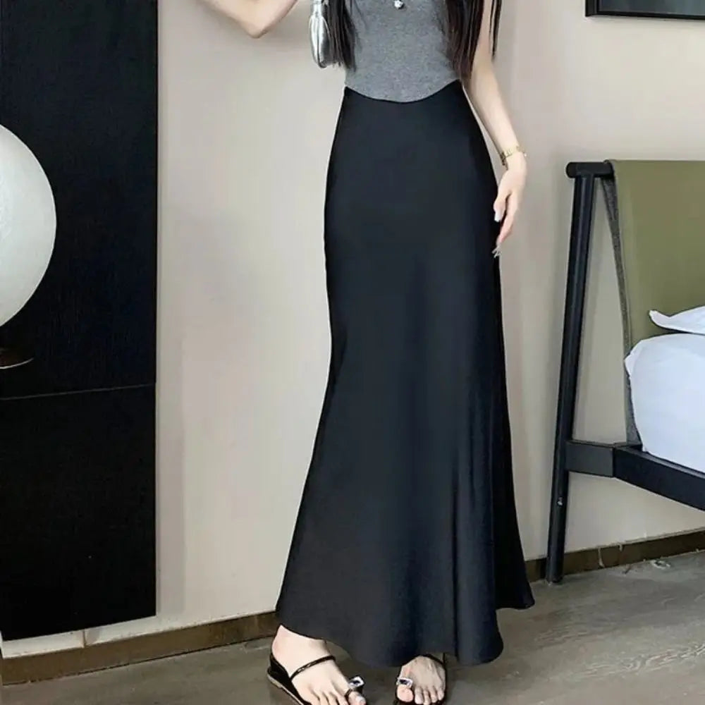 Satin Long Skirt - High Waist Draped Black