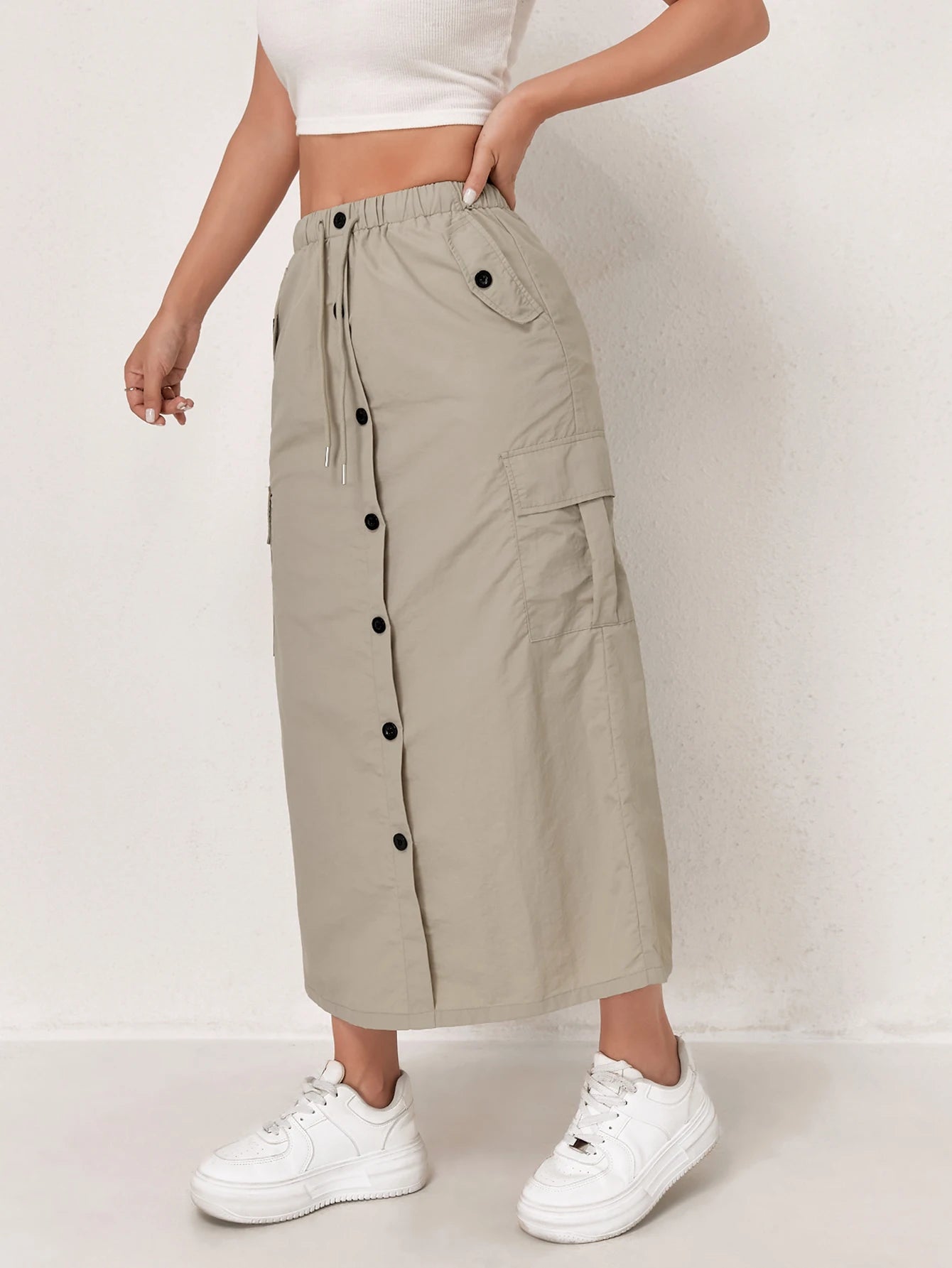 High Waist Cargo Skirt - Front Button Pockets
