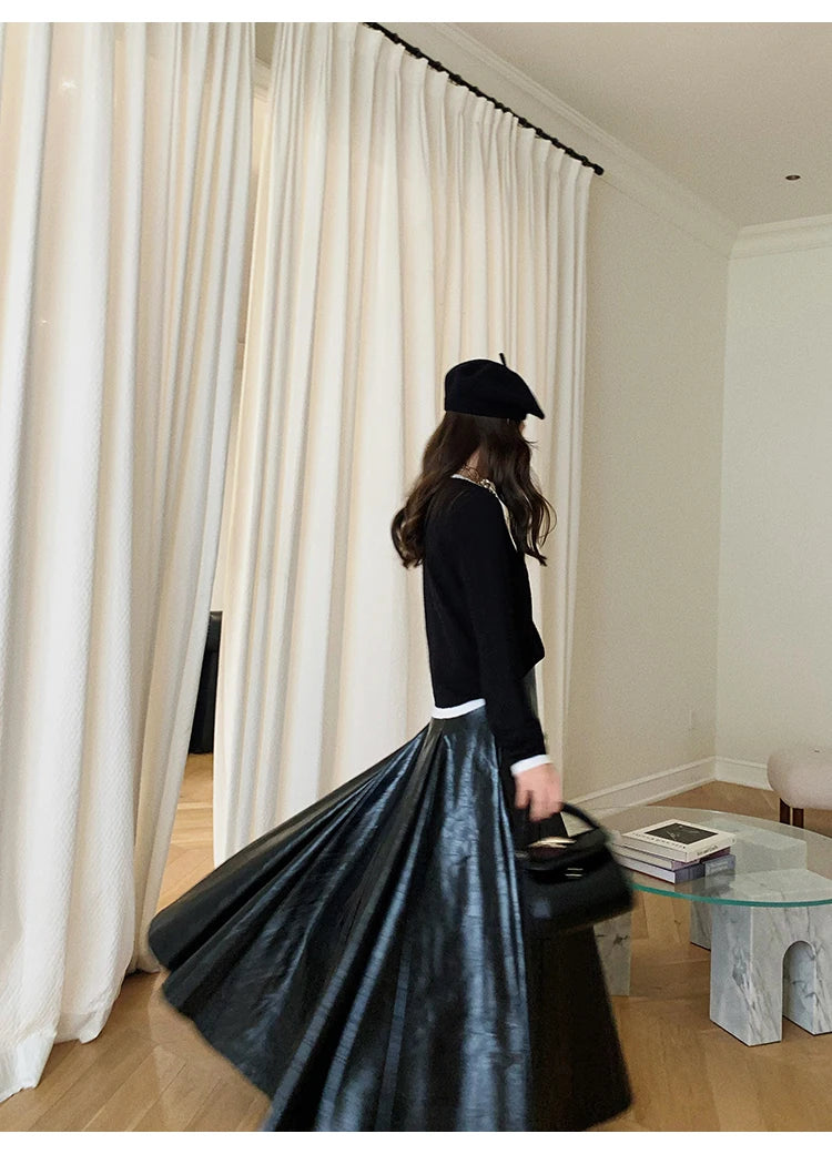 PU Leather Maxi Skirt - High Waist Pleated Black