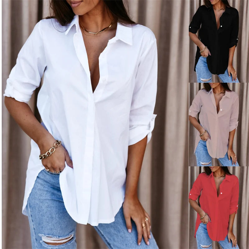 Blusa Holgada Cuello Doblado Manga Larga con Botón
