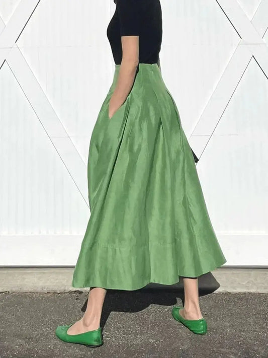 Pleated Long Skirt - High Waist Umbrella Green
