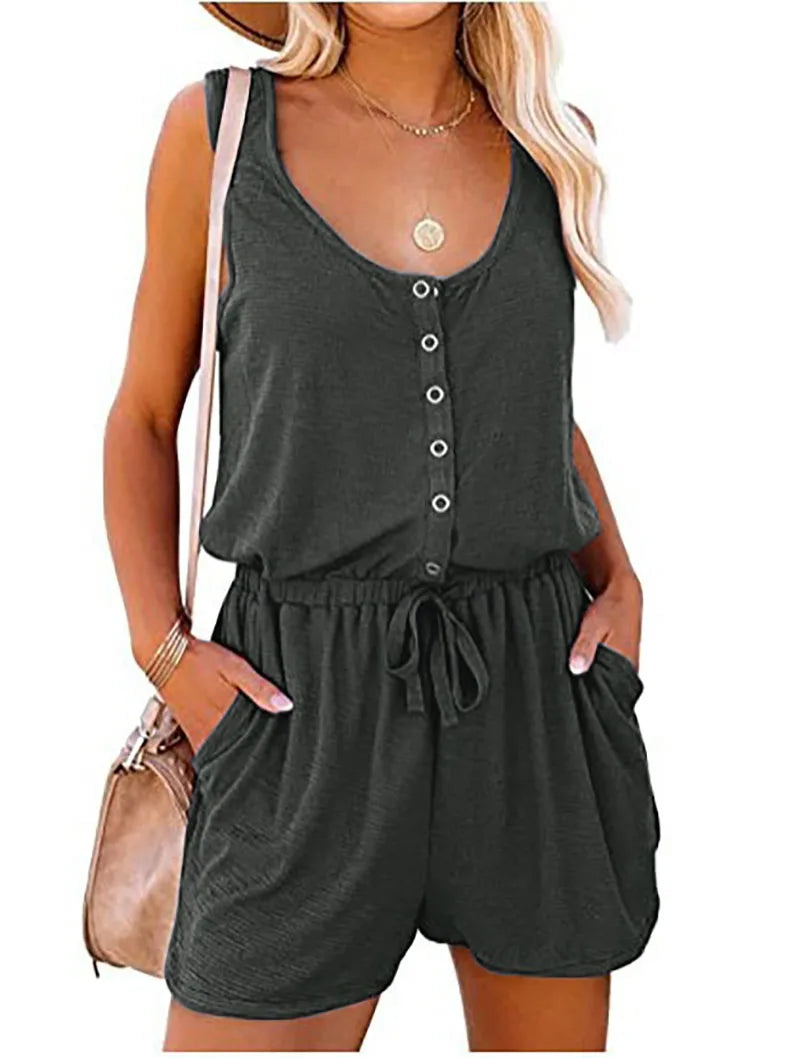 Button Up Jumpsuit - Sleeveless Elastic Waist Shorts