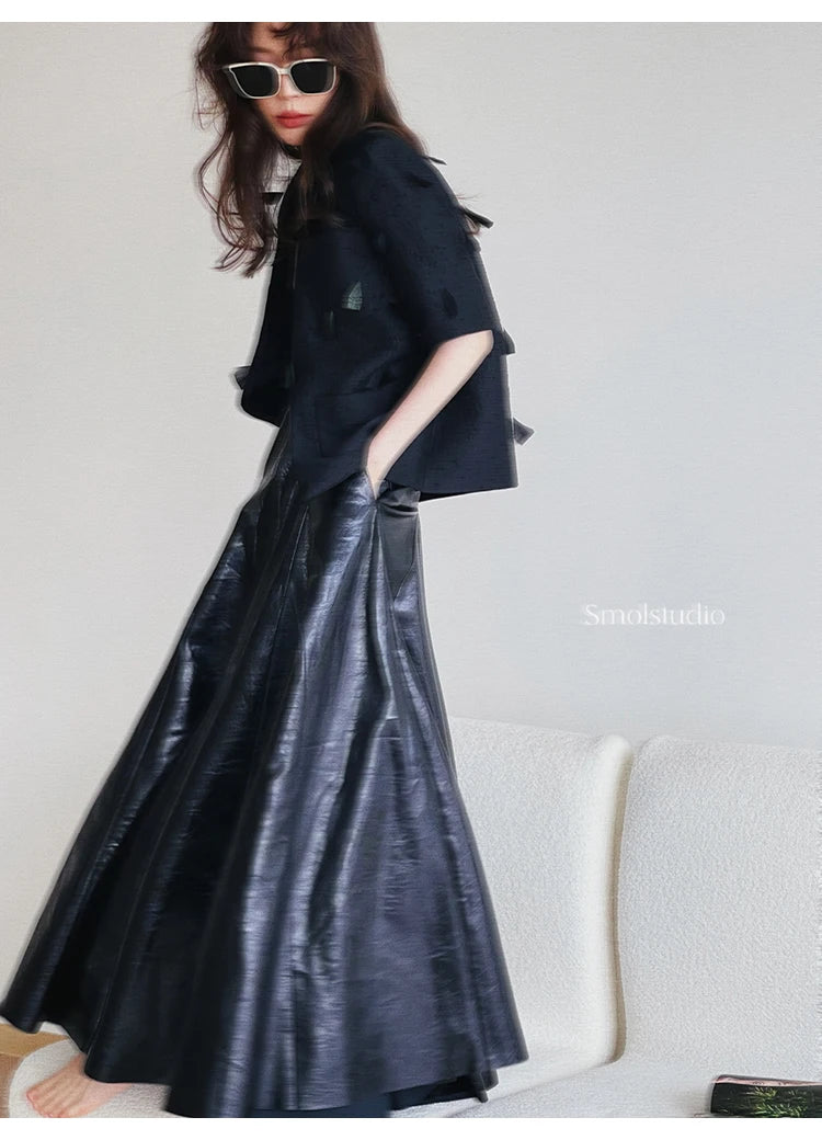 PU Leather Maxi Skirt - High Waist Pleated Black