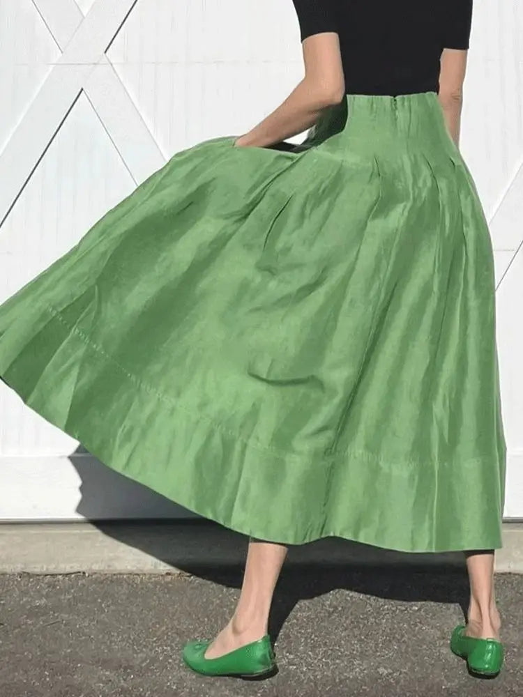 Pleated Long Skirt - High Waist Umbrella Green