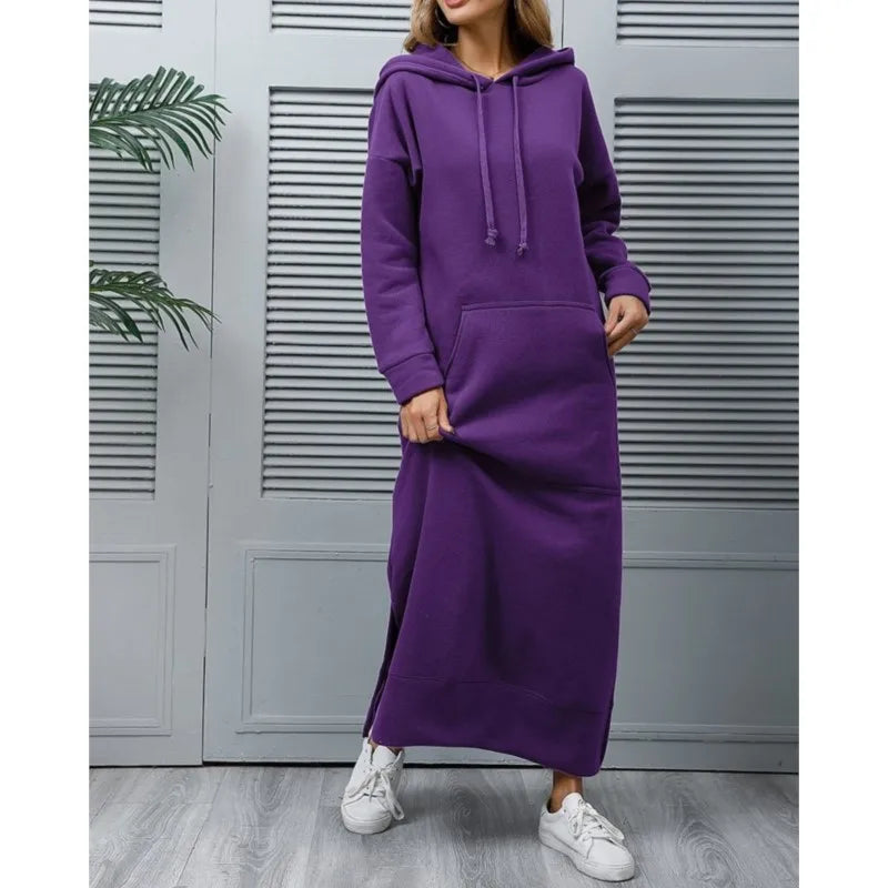 Vestido Sudadera Capucha Suelto Cordón Dobladillo Bolsillos Cálido