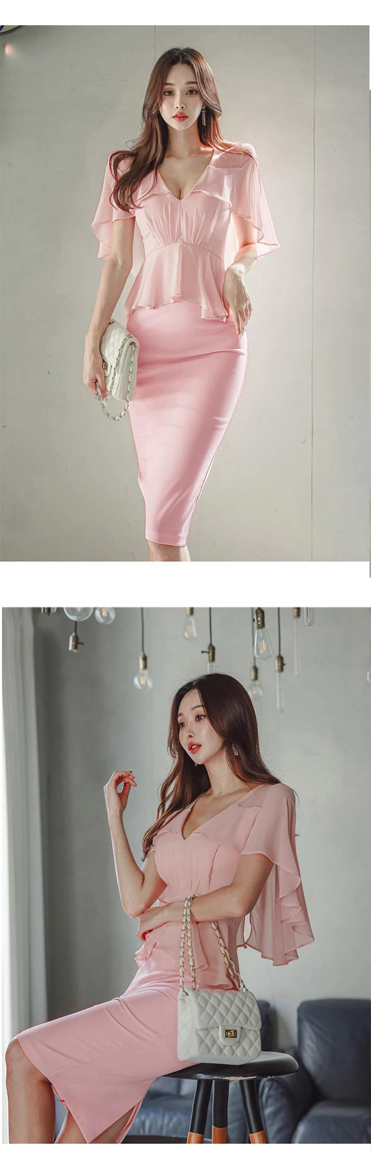 Pink Pencil Dress - Cloak V-Neck Midi Party