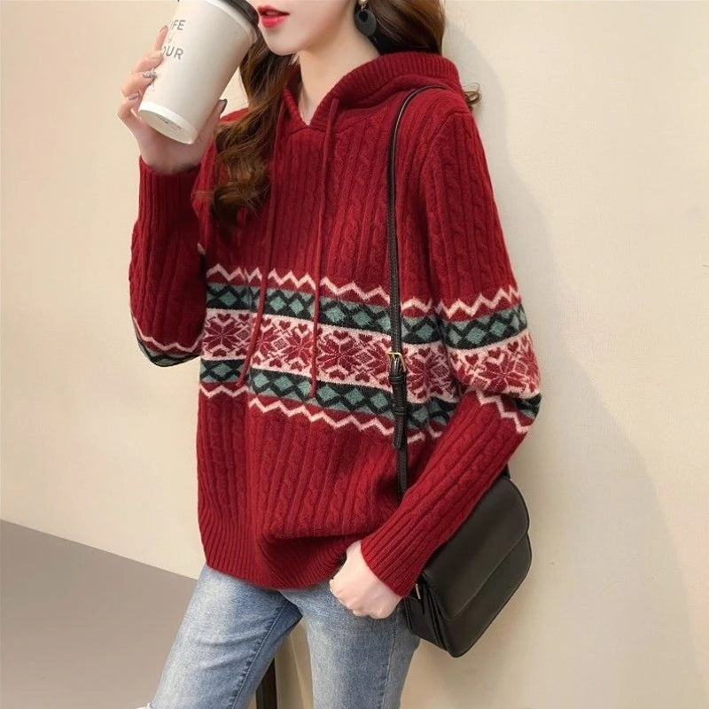 Polerón con Capucha Mujer Suelto Cordón Patchwork Estilo Étnico