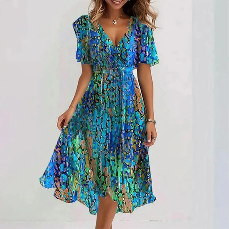 Elegant Women's Spring And Summer Short Sleeved Loose A-line Dress Women's Casual V-neck Floral Print Beach Style Dresses Midi