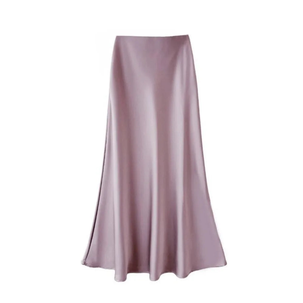 Satin Long Skirt - High Waist Draped Black