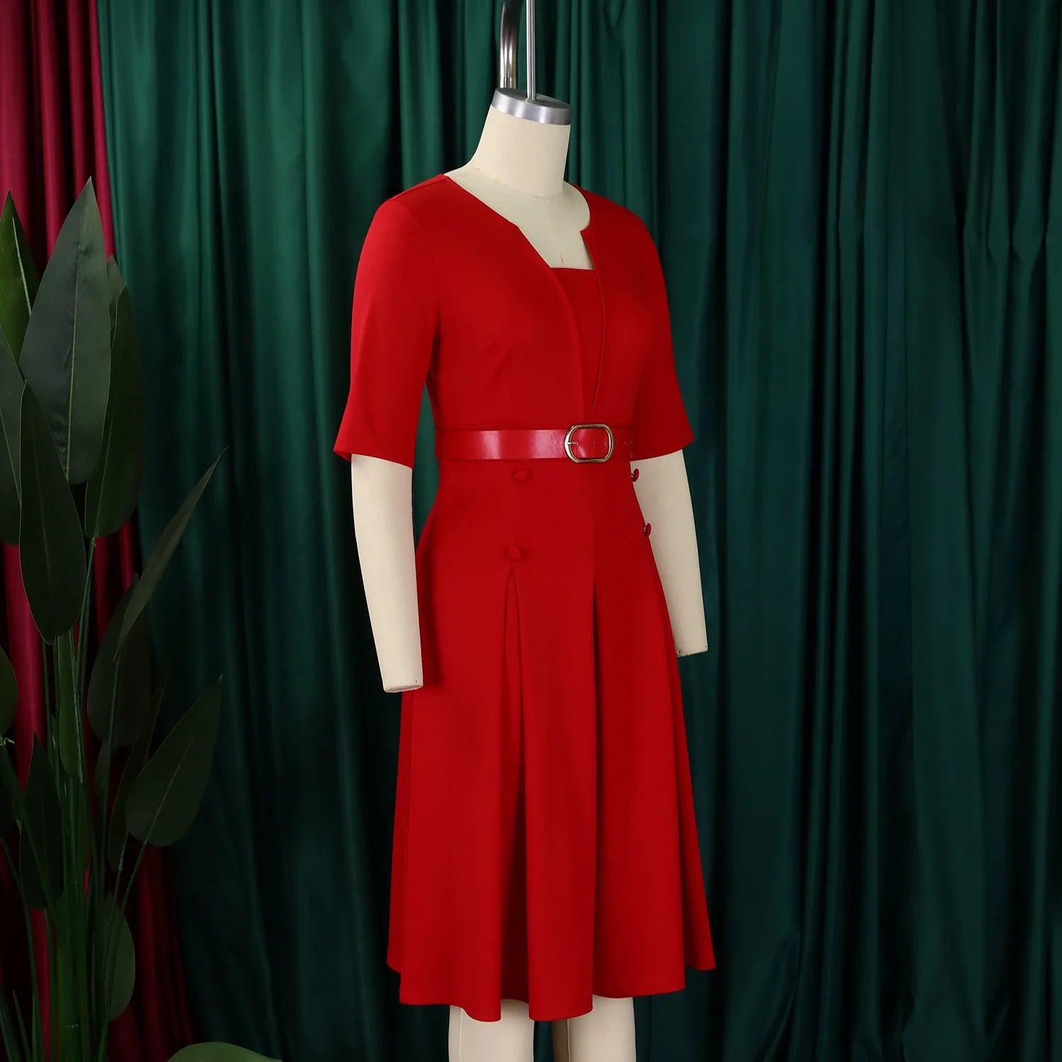 Vestido de Oficina Plisado Escote V Cintura Alta Cinturón Elegante