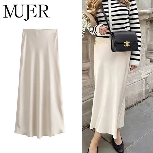 Satin Long Skirt - High Waist Draped Midi