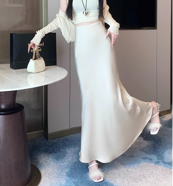 Satin Midi Skirt - High Waist Silk Champagne