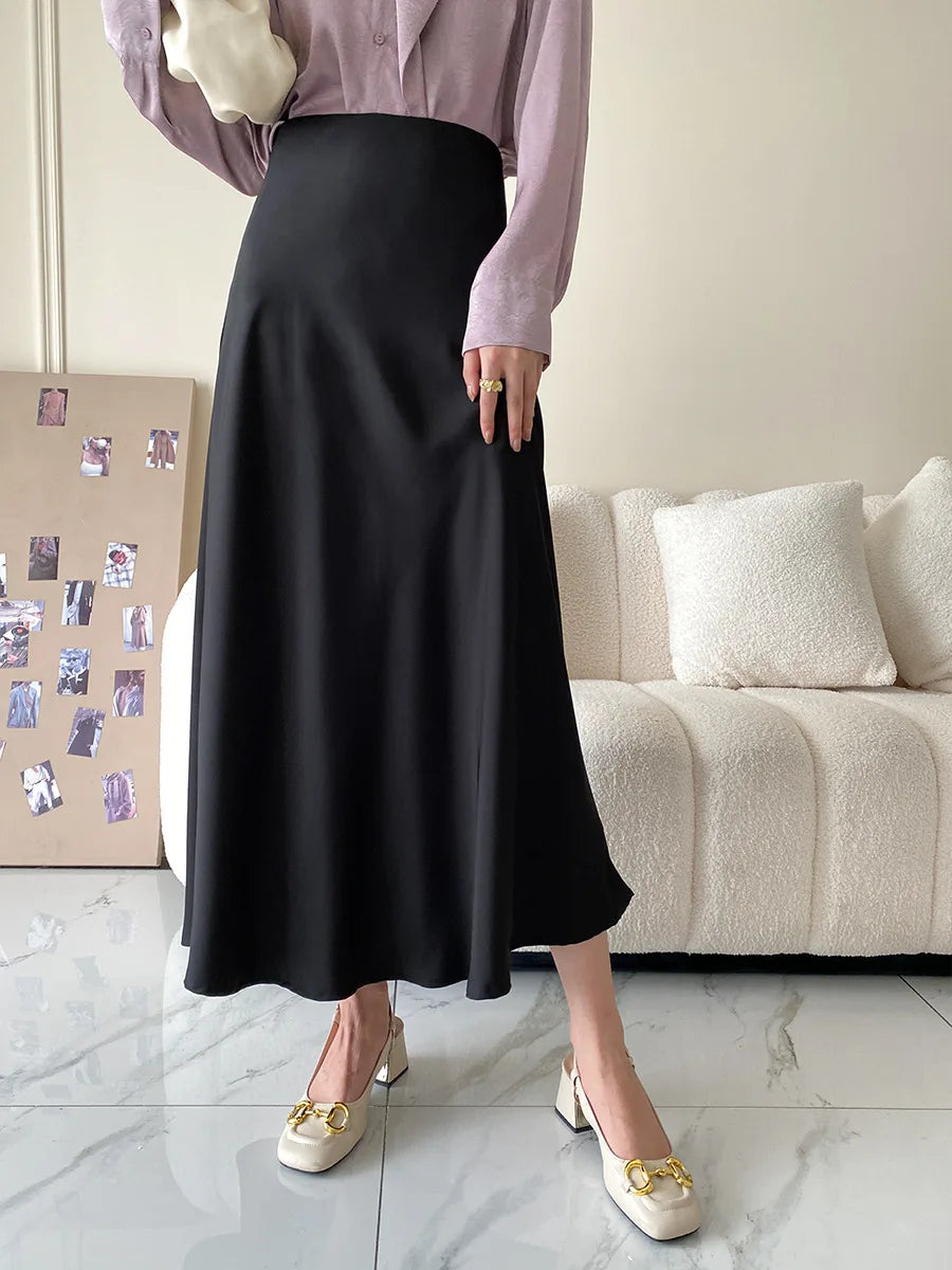 Satin Long Skirt - High Waist A-Line Black