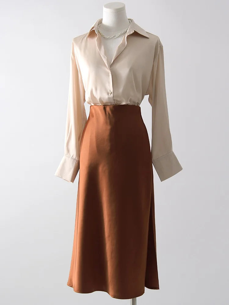 Satin Midi Skirt - A-Line Side Slit