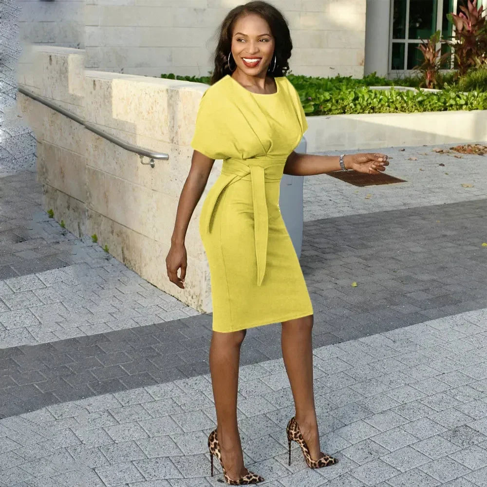 Pencil Midi Dress - Short Sleeve Belt Party