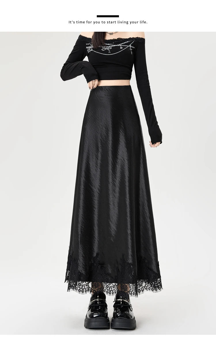 Satin Maxi Skirt - High Waist Side Slit Black