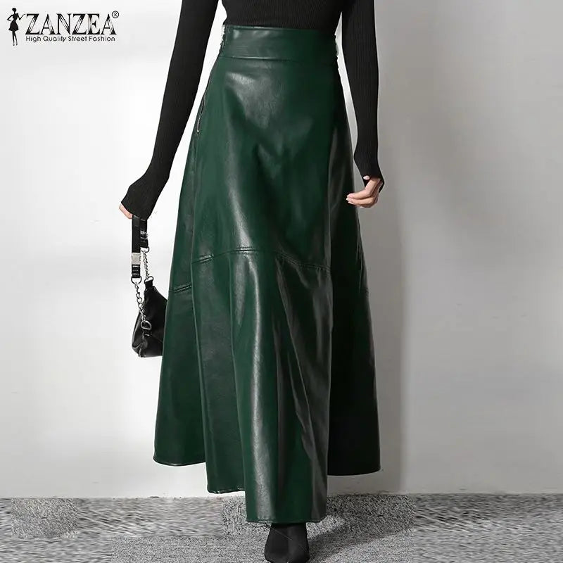 PU Leather Maxi Skirt - High Waist Zipper Style B