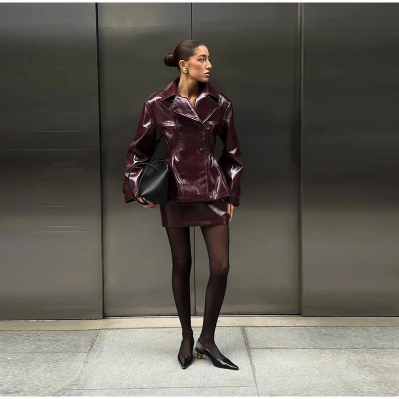 Two Piece Set - Leather Jacket & Mini Skirt