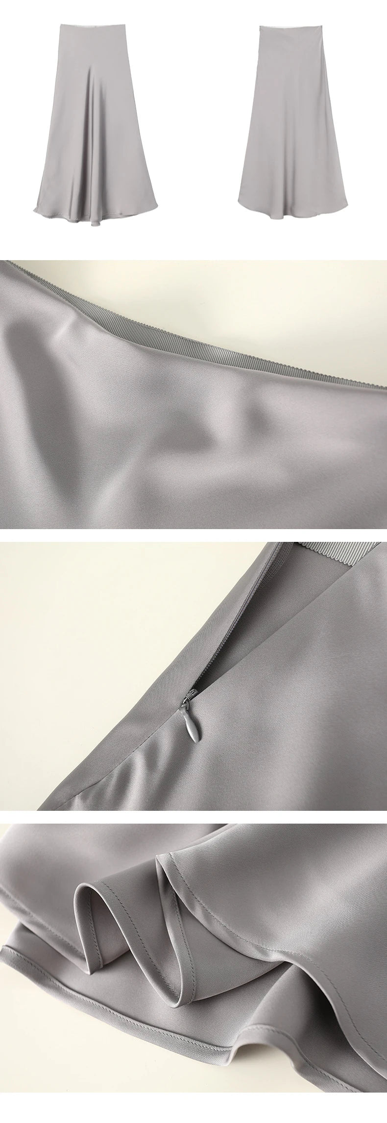 Satin Long Skirt - High Waist A-Line Black