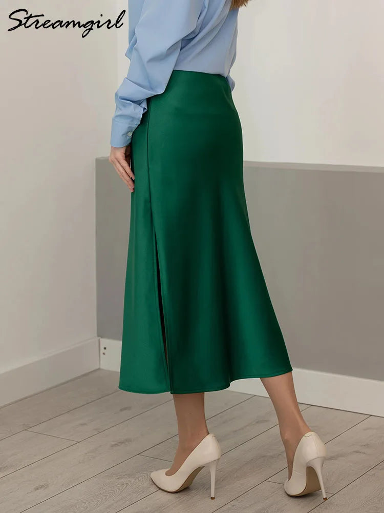 Satin Midi Skirt - A-Line Side Slit
