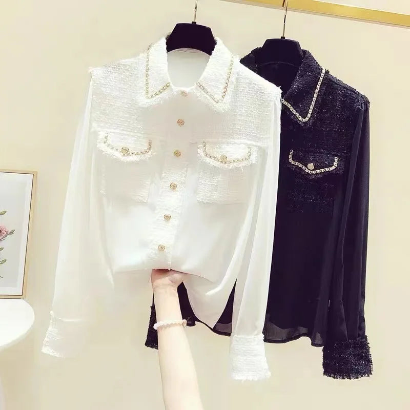 Blusa Tejido Texturado Tweed Patchwork Cuello Vuelto Manga Larga