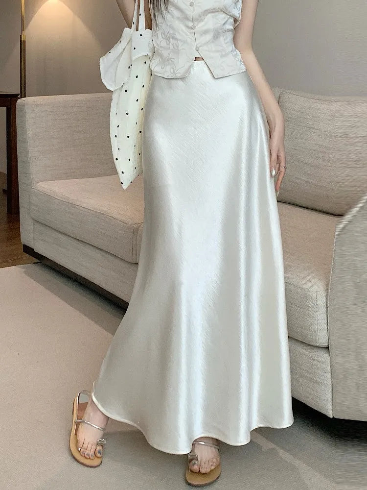 Pink Satin Midi Skirt - High Waist Fishtail Wrap