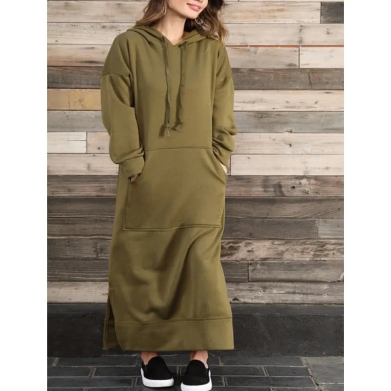 Vestido Sudadera Capucha Suelto Cordón Dobladillo Bolsillos Cálido
